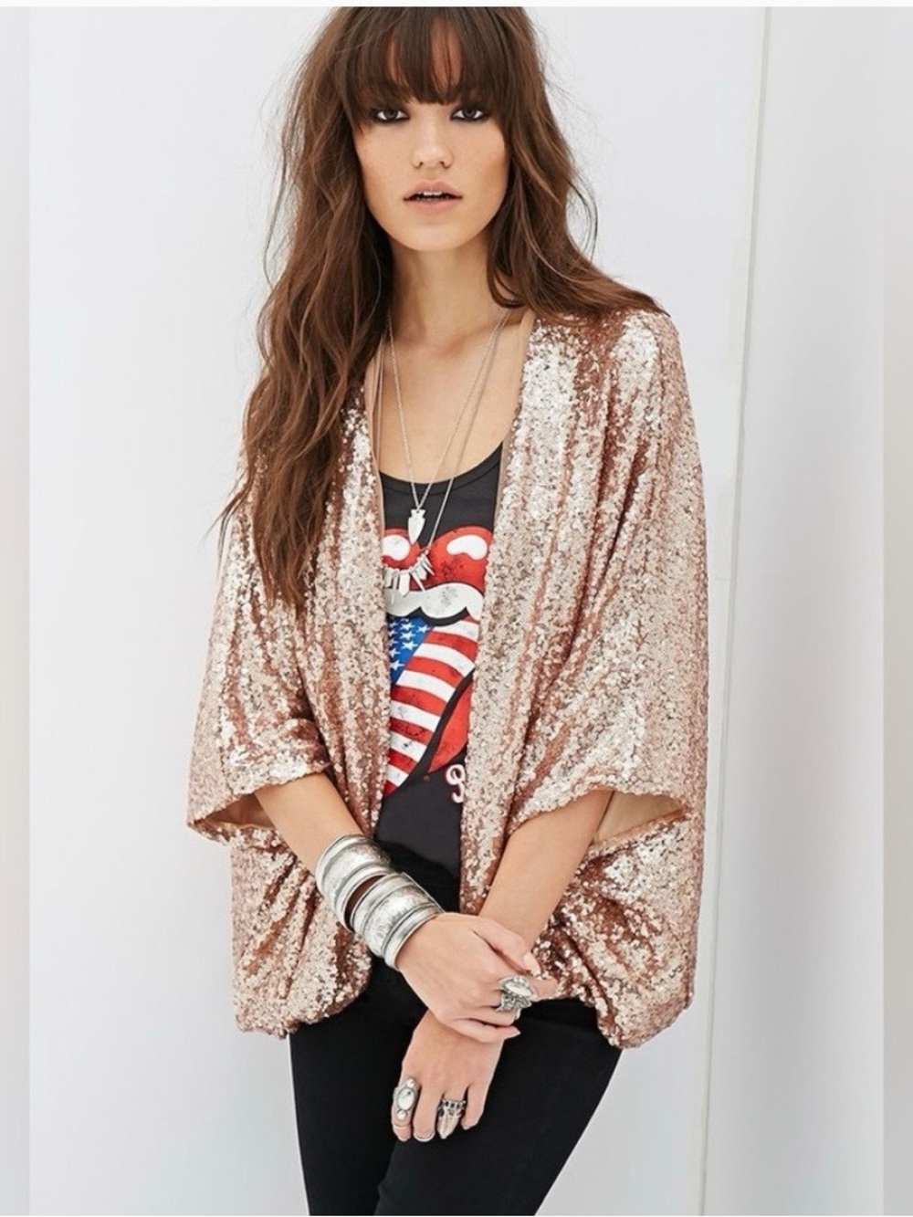 Forever 21 Rose Gold Sequin Open-Front Blazer petite small